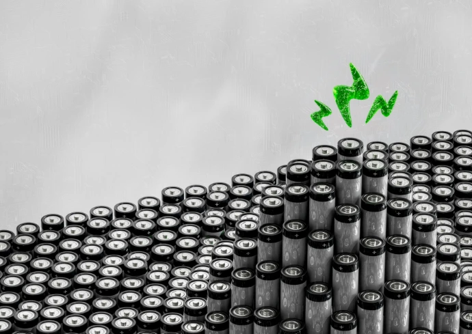 A bunch of black and white objects with a green arrow above them